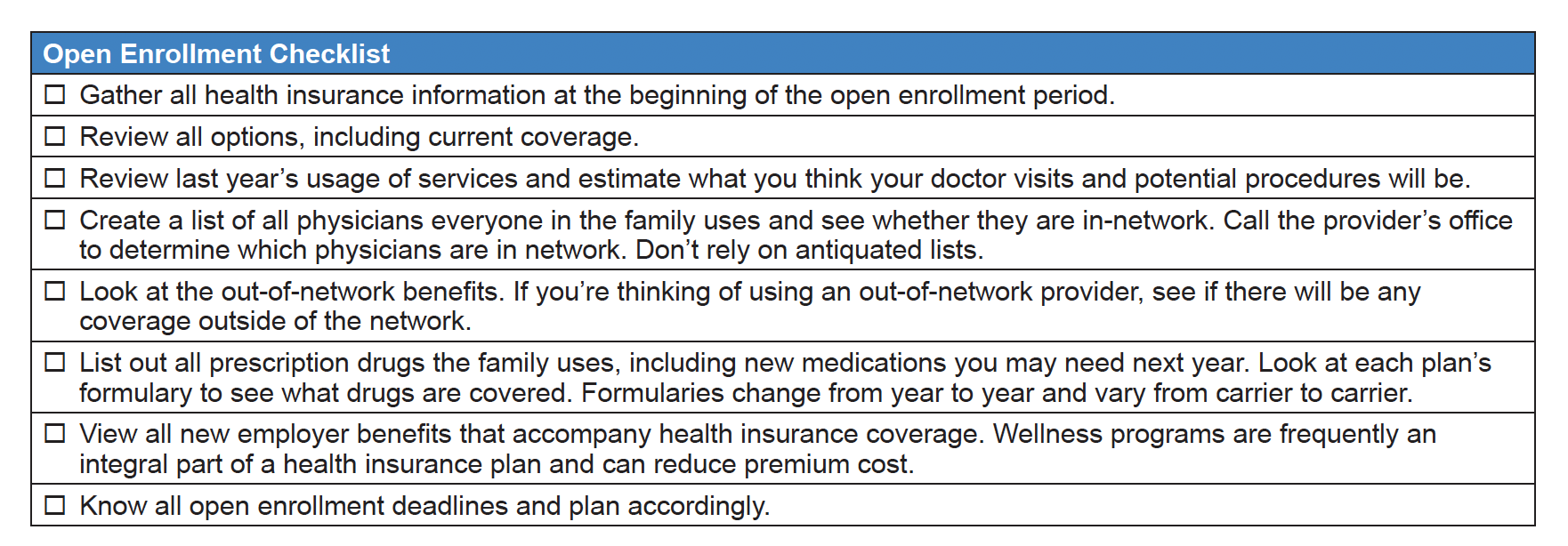 Health care open enrollment checklist