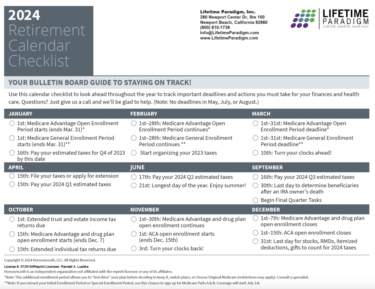 2024 Retirement Calendar Checklist Lifetime Paradigm