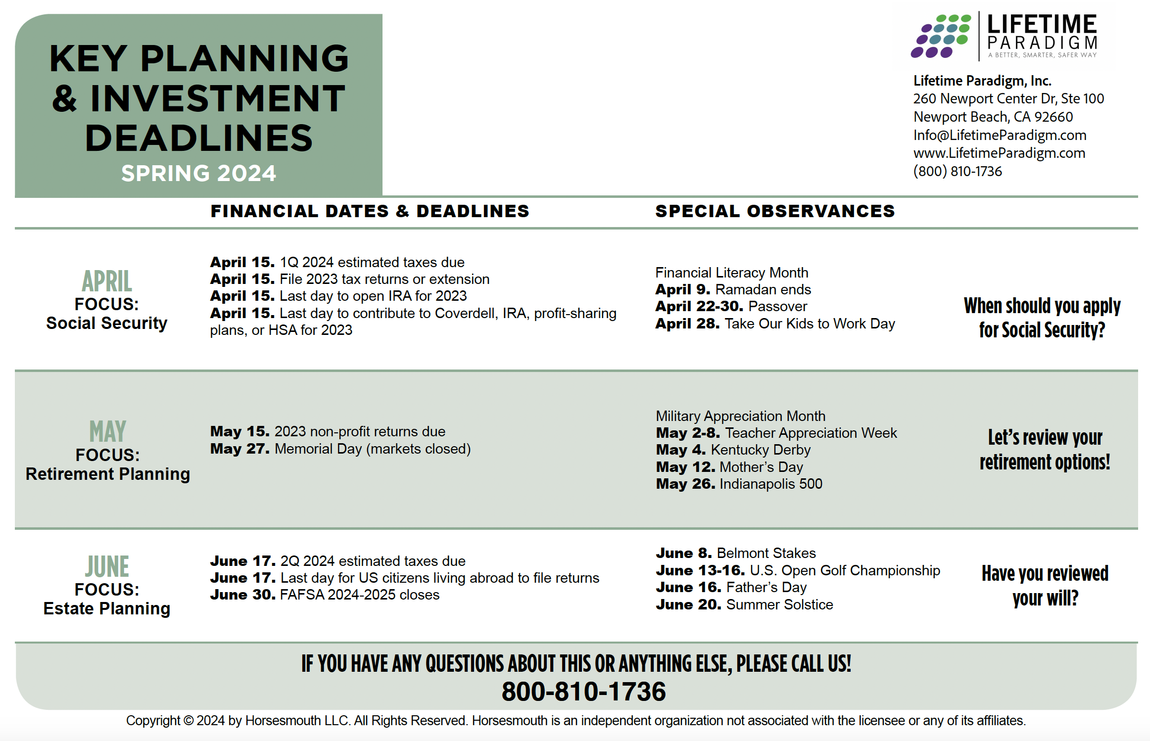 2024 Q2 Spring Key Planning and Investment Deadlines